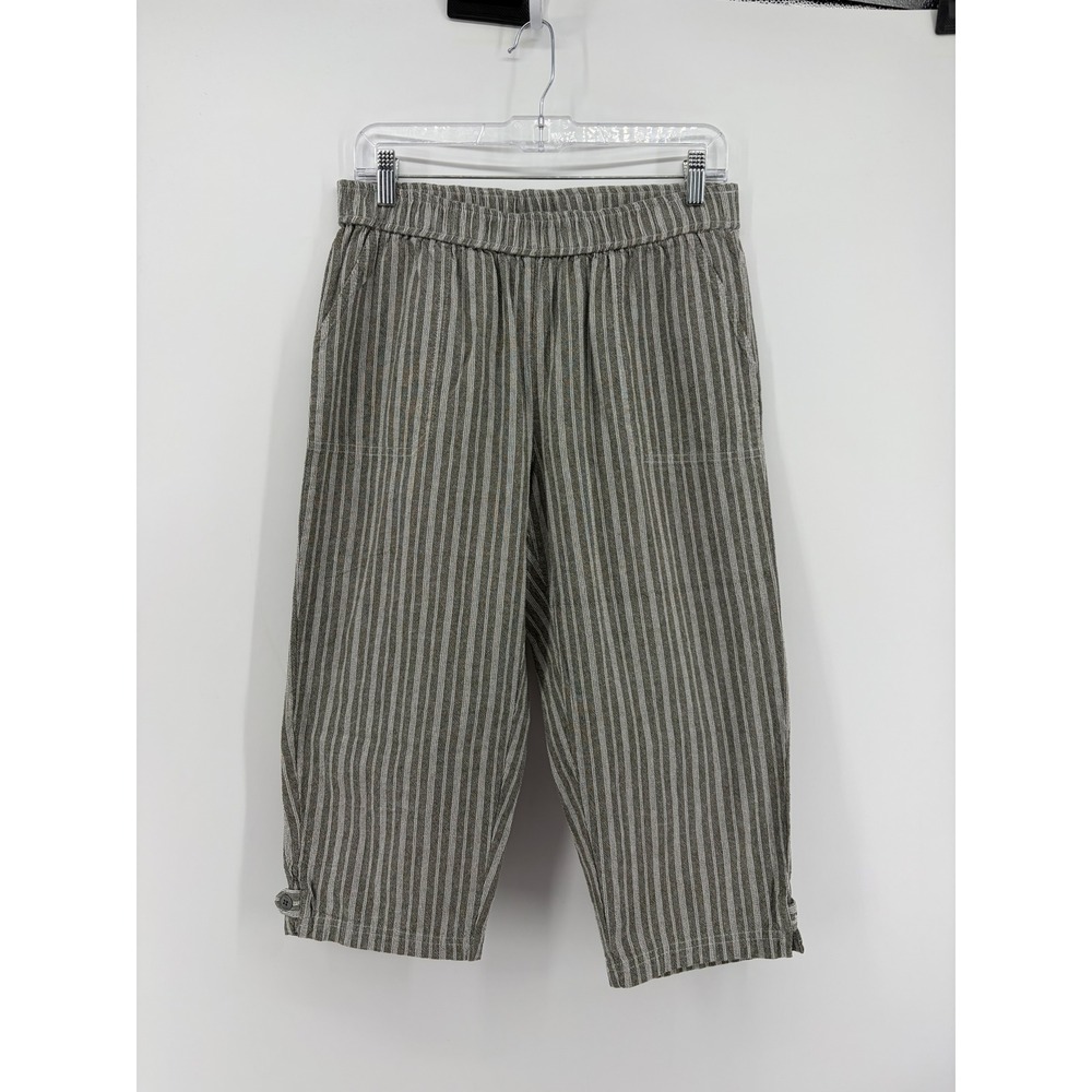 Croft & Barrow Womens M Olive Green Striped Cotton Crop Pants Elastic Waist